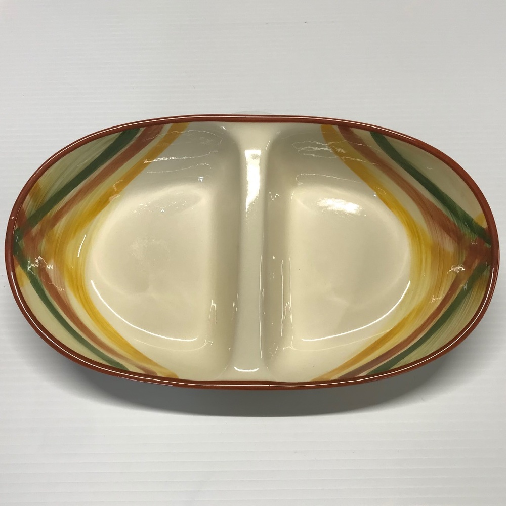 VINTAGE HAND-PAINTED VERNONWARE - HOMESPUN - 11 1/2" DIVIDED SERVING DISH